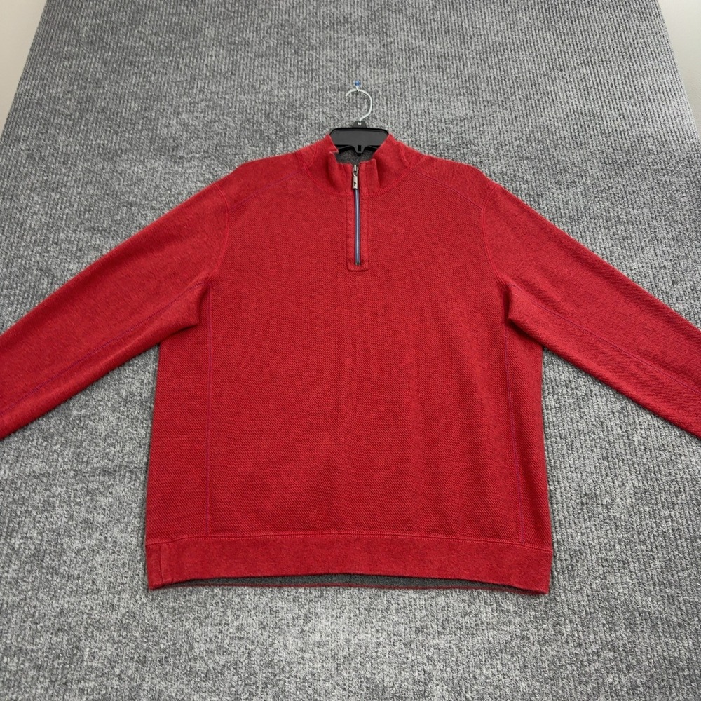 Tommy Bahama Quarter Zip Pullover Mens M Red Cotton Reversible Mock Neck Casual